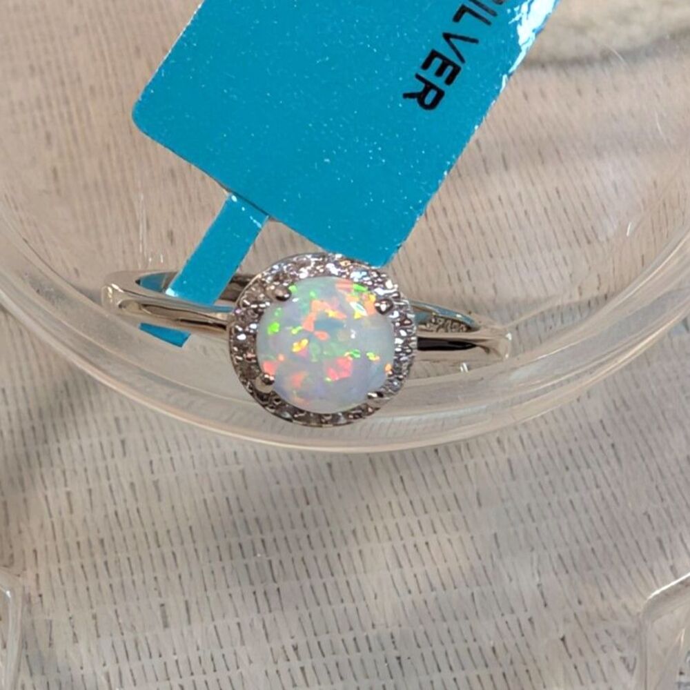 New Sterling Silver White Opal Halo Ring - Size 6